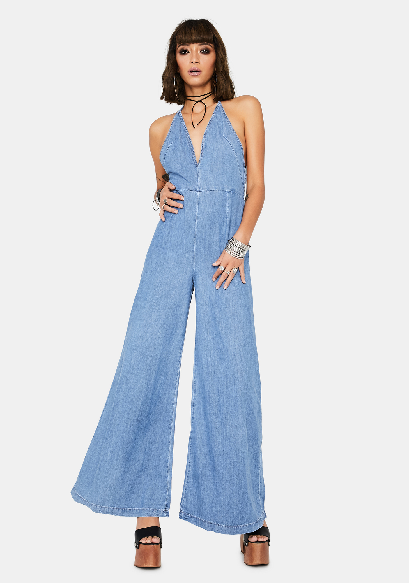 Free People Josie Halter Denim Jumpsuit | Dolls Kill