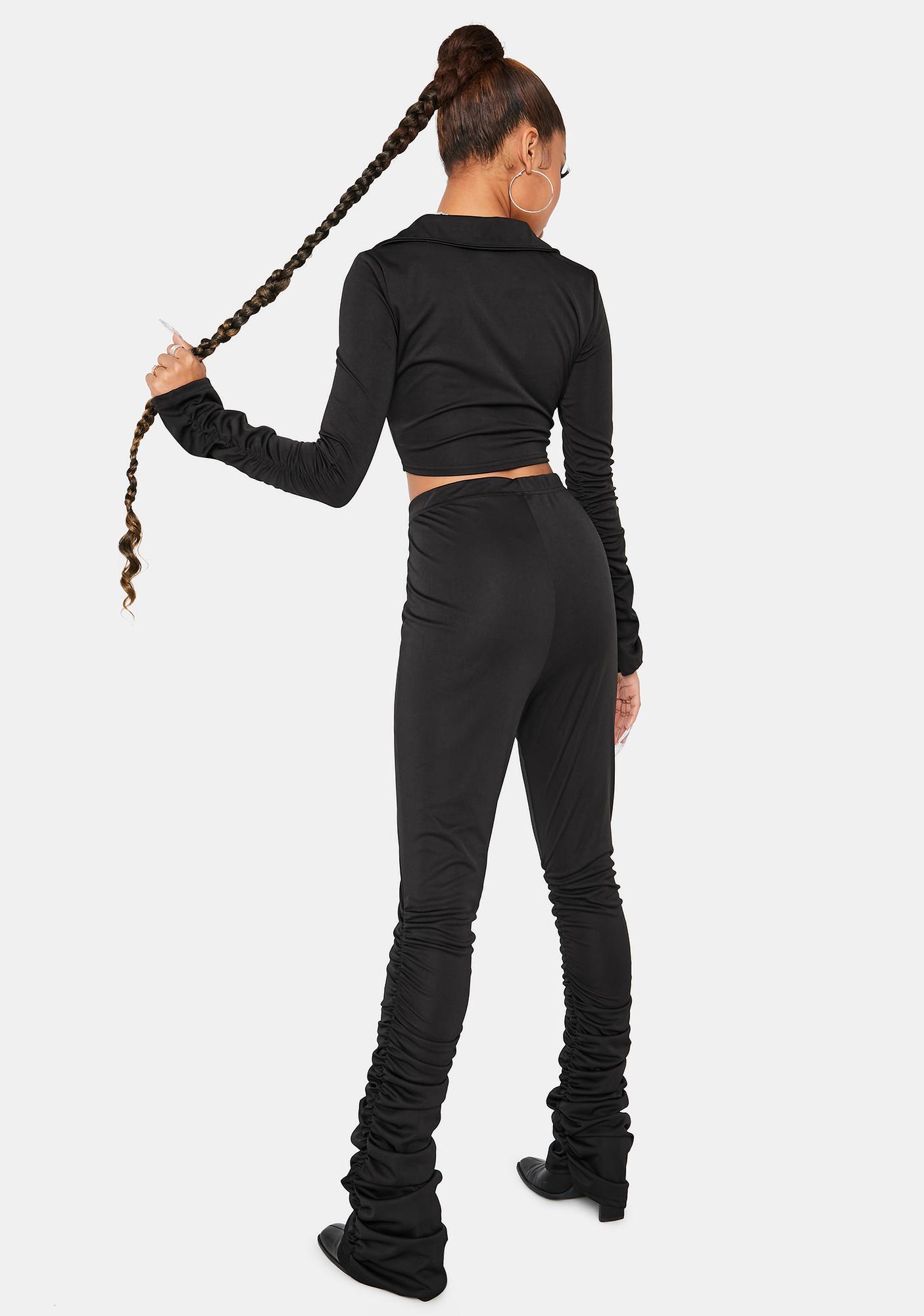 Collared Crop Top And Ruched Leggings Pants Set Black Dolls Kill