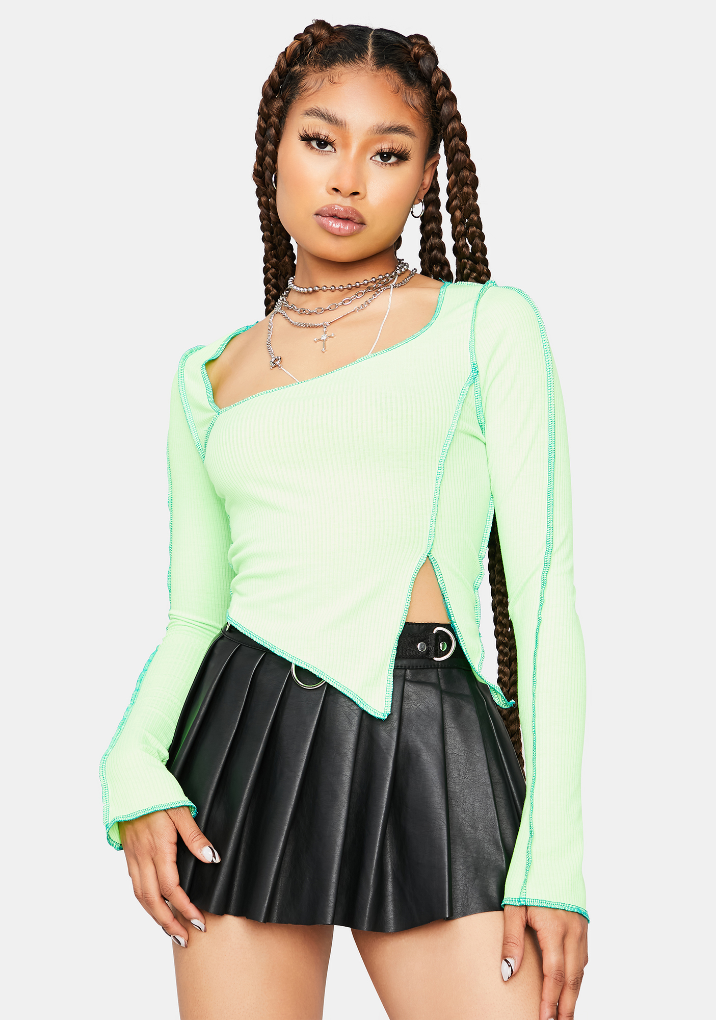 Contrast Stitch Asymmetrical Crop Top - Lime | Dolls Kill