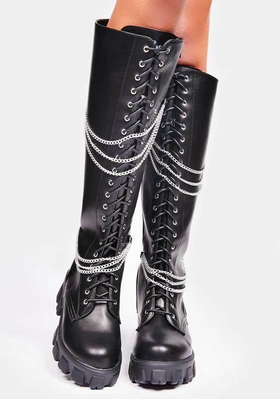 Knee High Vegan Leather Chain Detail Boots | Dolls Kill