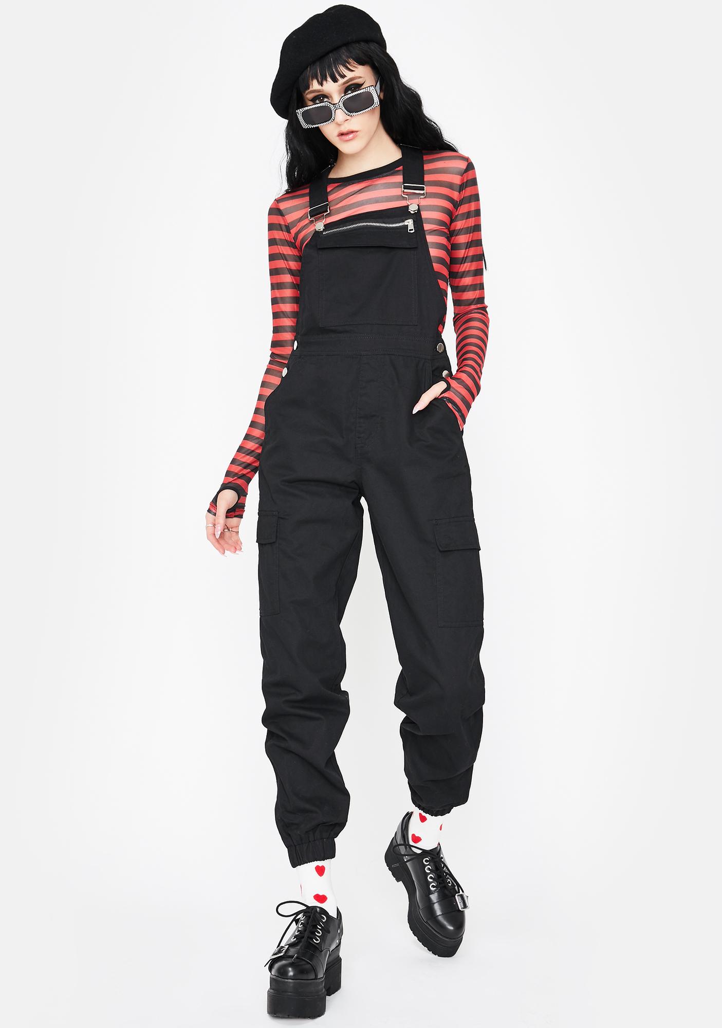 black dungaree trousers