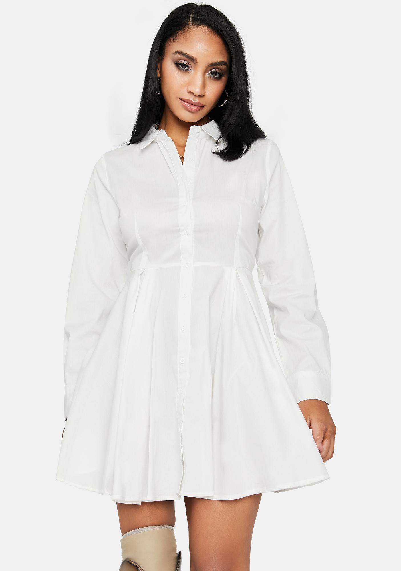 Button Up Fit & Flare Shirt Dress White Dolls Kill