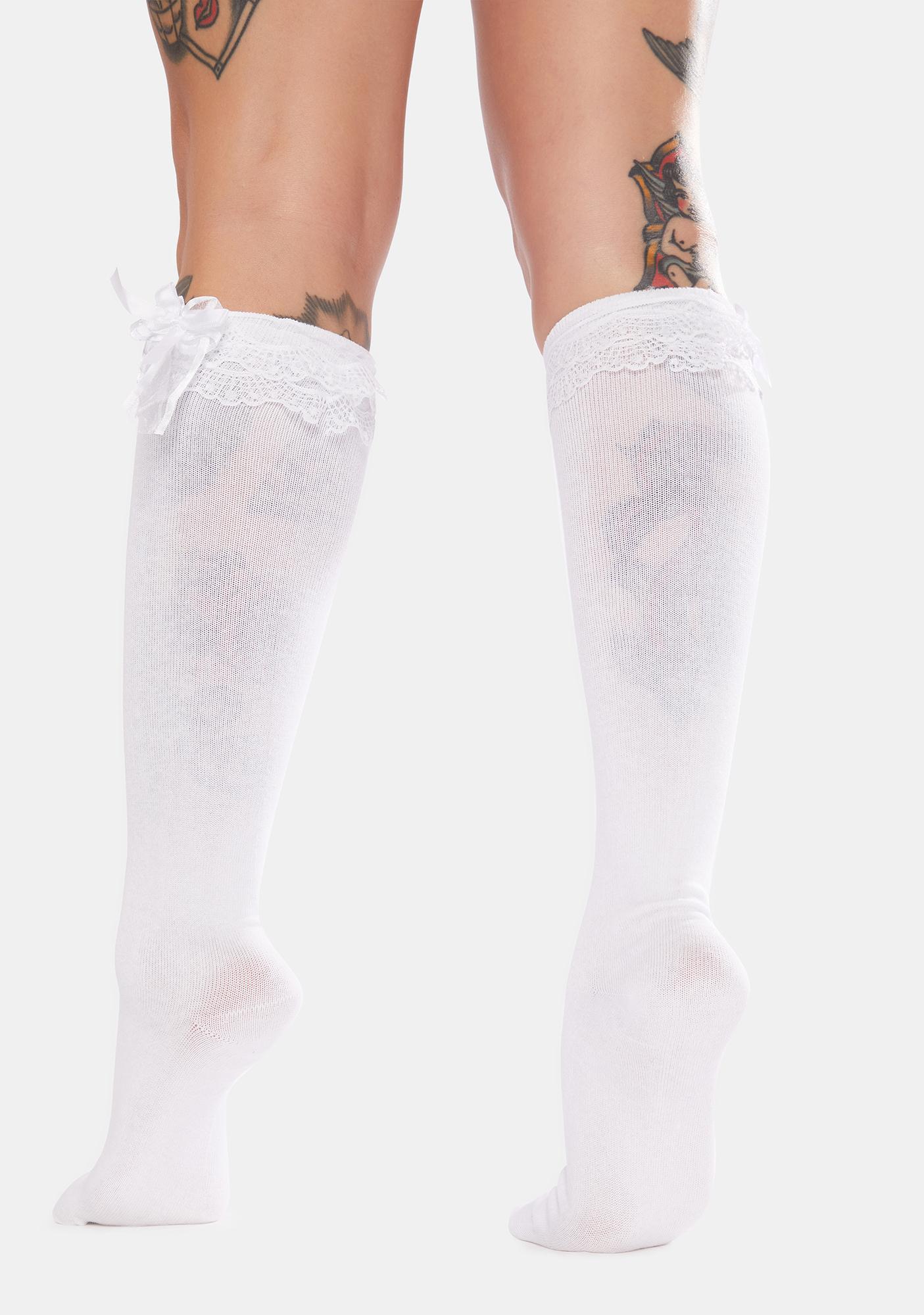 Knee High White Socks With Lace Trim - White | Dolls Kill