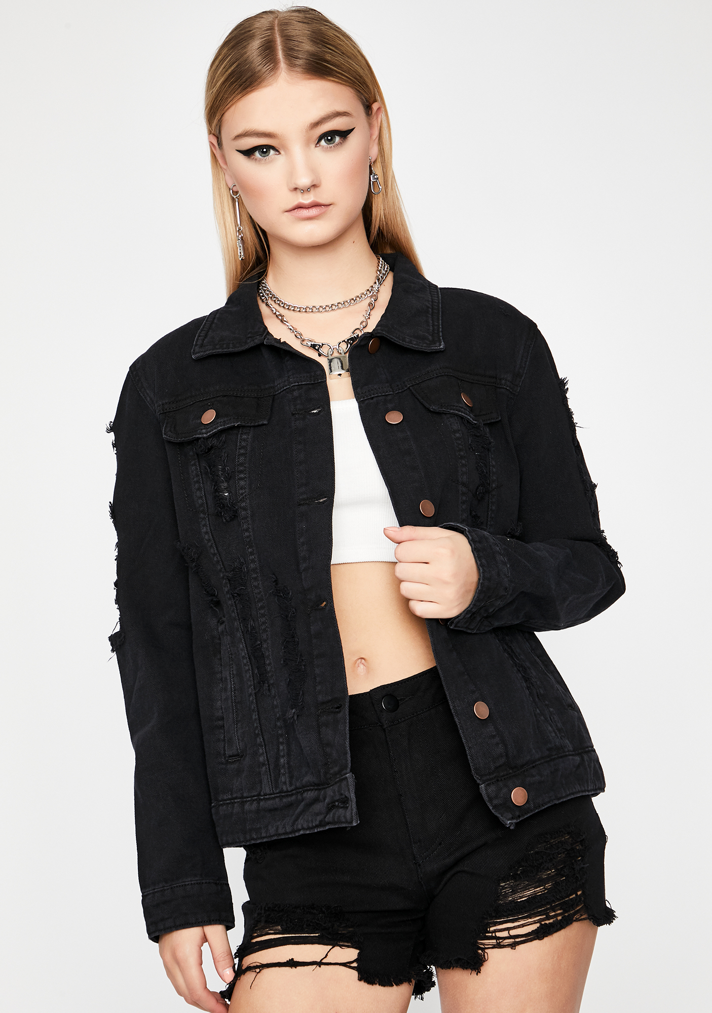 Denim Jacket Distressed Ripped Open Back Collared Button Up Black ...
