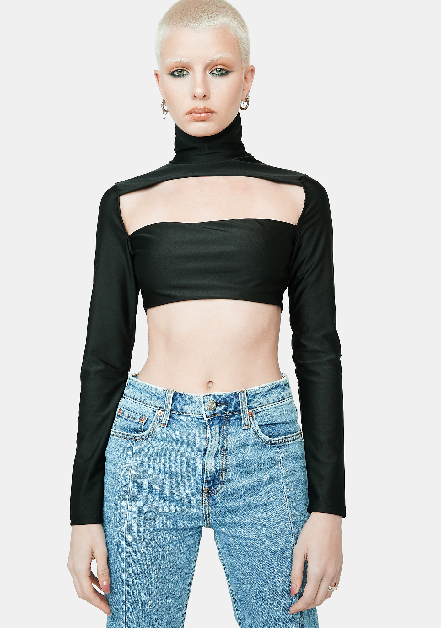 Long Sleeve Bust Cutout Turtleneck Crop Top Black Dolls Kill