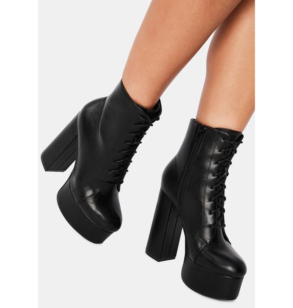 Platform Heeled Ankle Boots - Faux Leather Lace Up Black | Dolls Kill