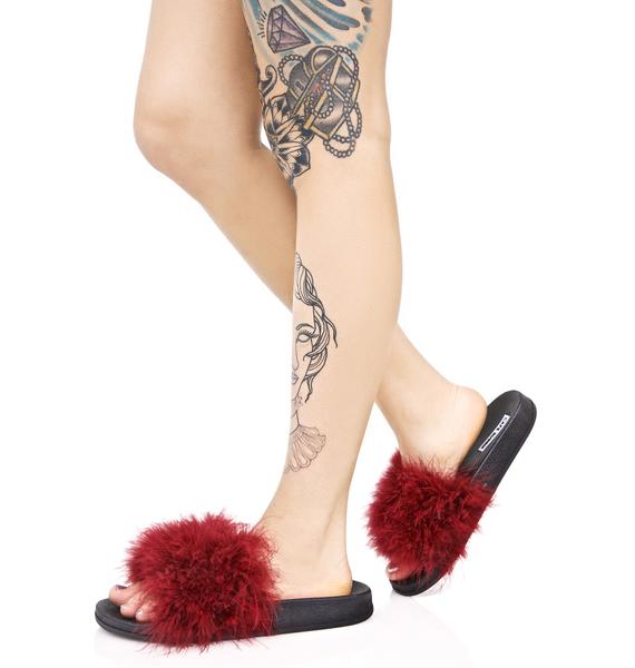 Burgundy Fluffy Slide Sandals Dolls Kill