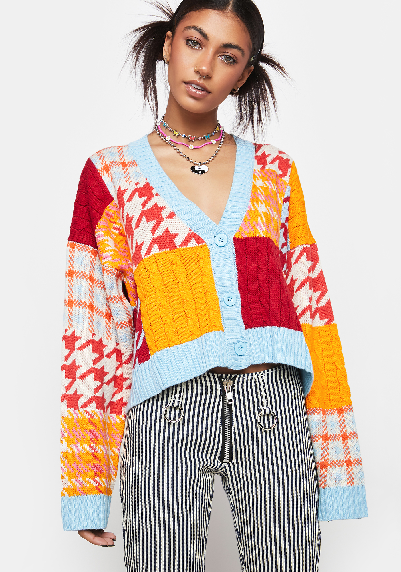 The Ragged Priest Mixed Patchwork Button Cardigan - Multi | Dolls Kill