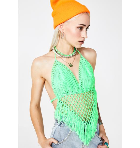 Neon Green Crochet Halter Top Crop | Dolls Kill