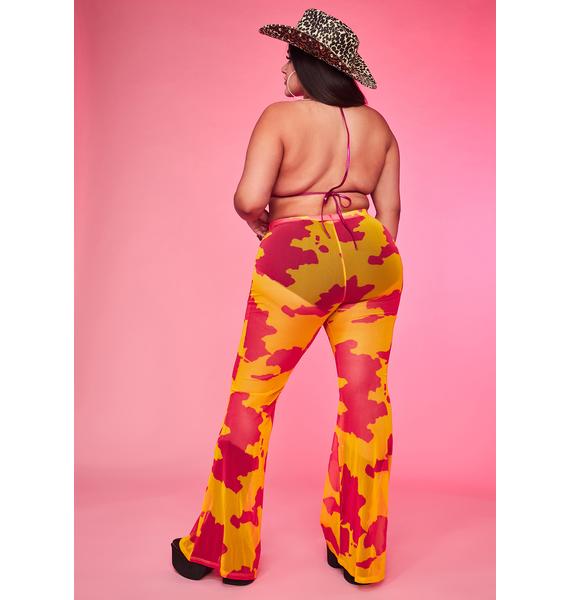 pink mesh flare pants