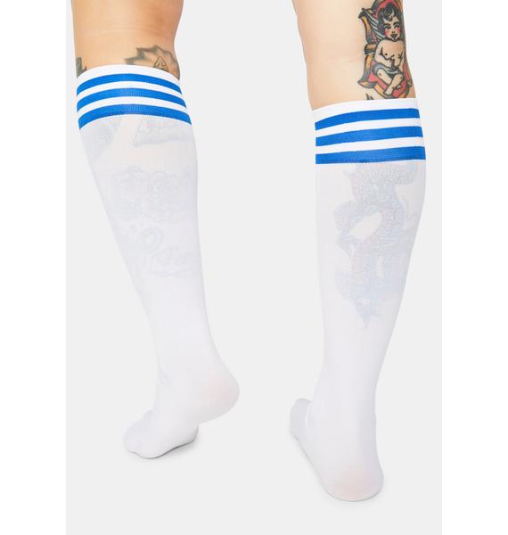 white knee high socks with blue stripes