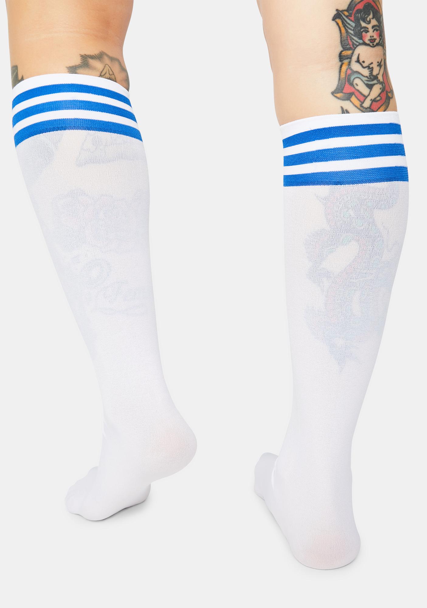 white knee high socks with blue stripes