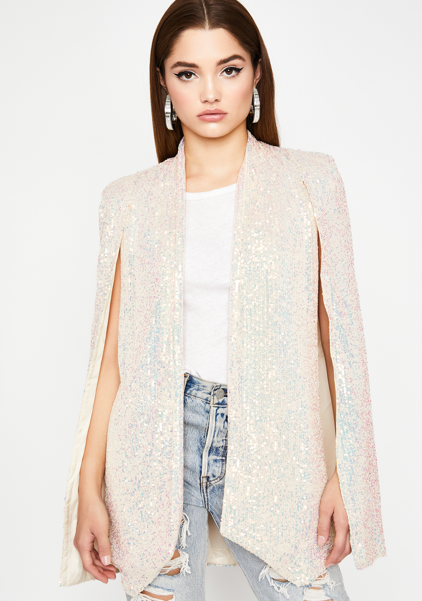 Iridescent Opal Sequin Shoulder Pad Blazer Cape Dolls Kill