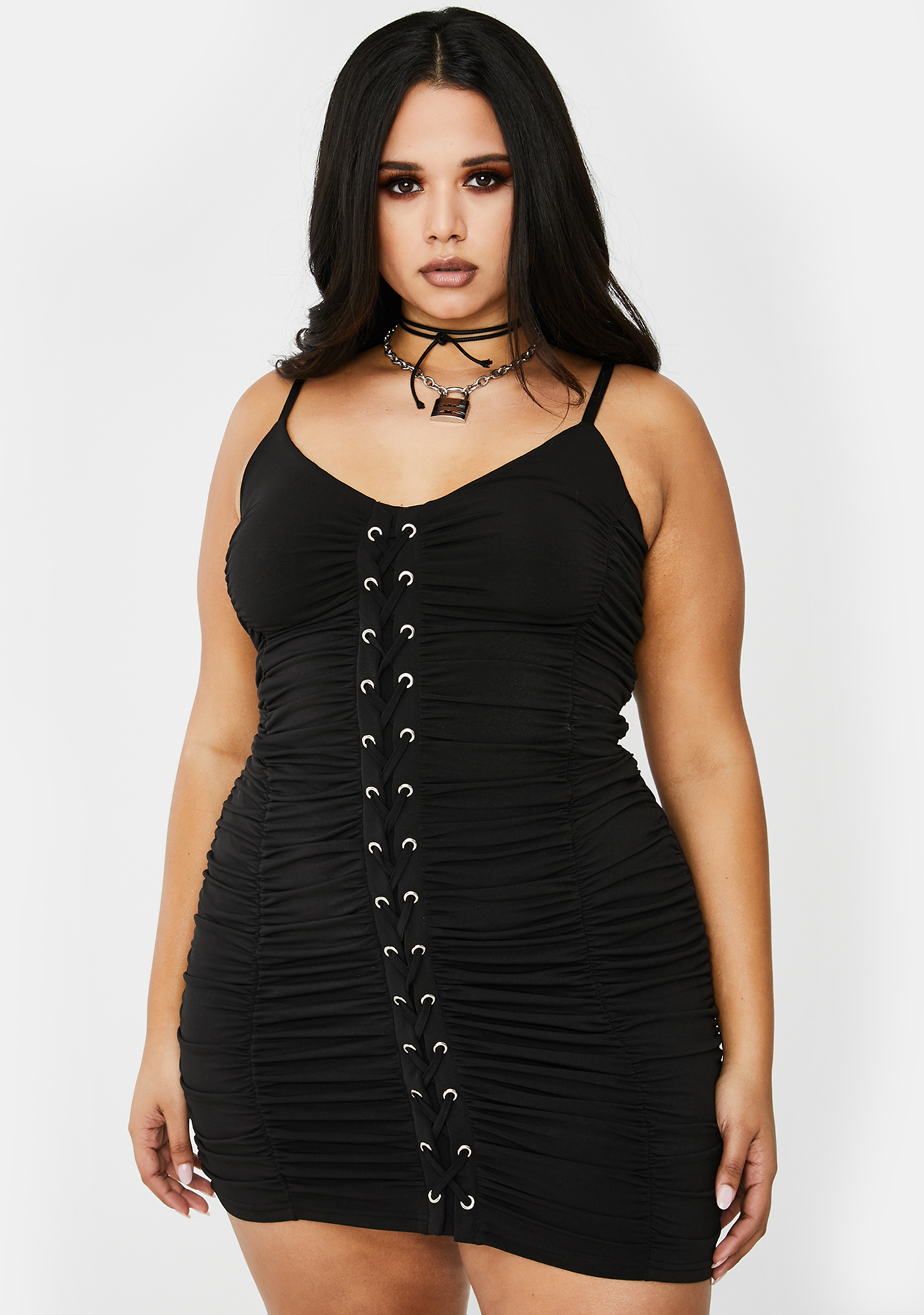 Plus Size Poster Grl Ruched Lace Up Mini Dress - Black | Dolls Kill