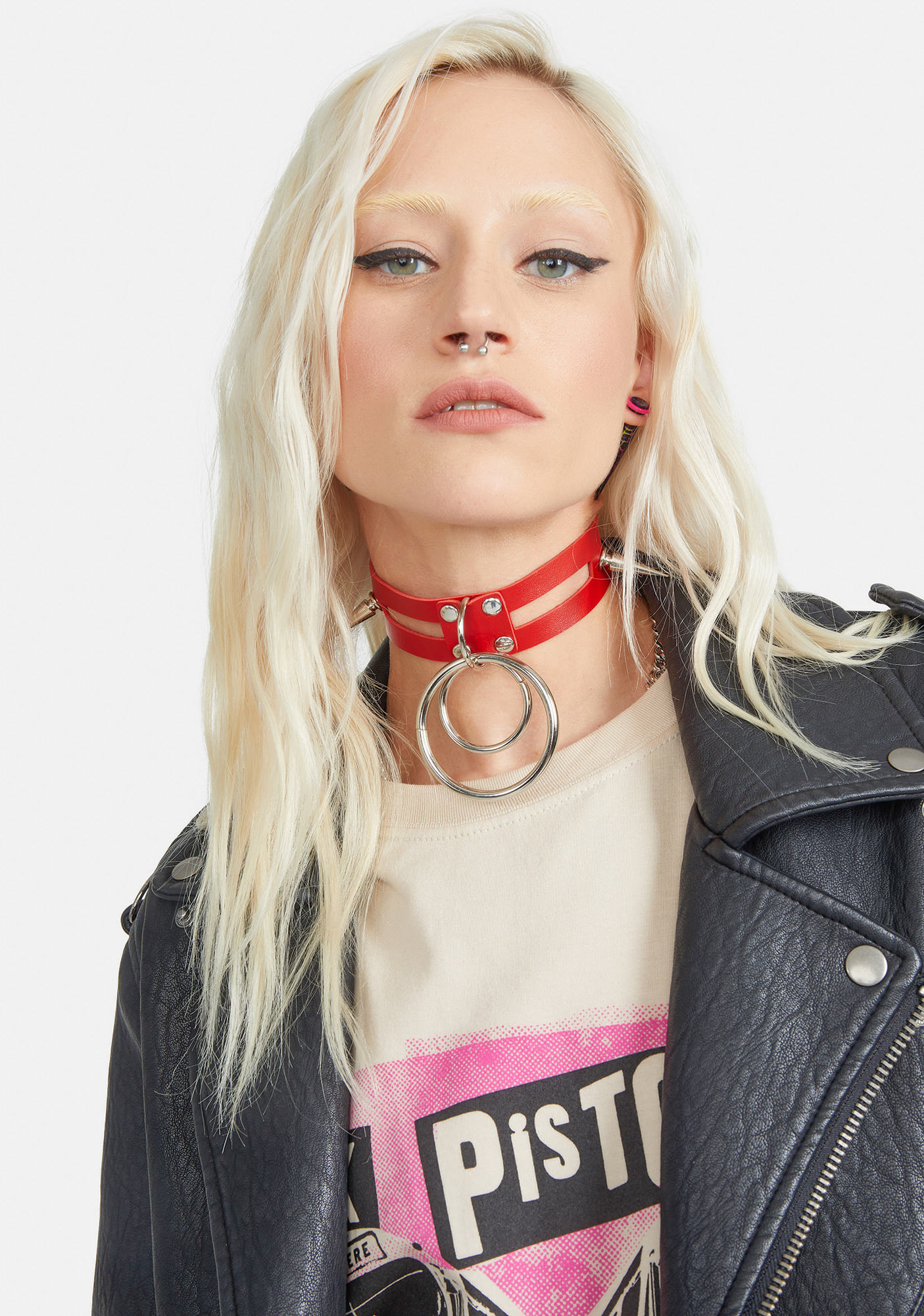 Choker With Double O Ring And Spikes Red Dolls Kill