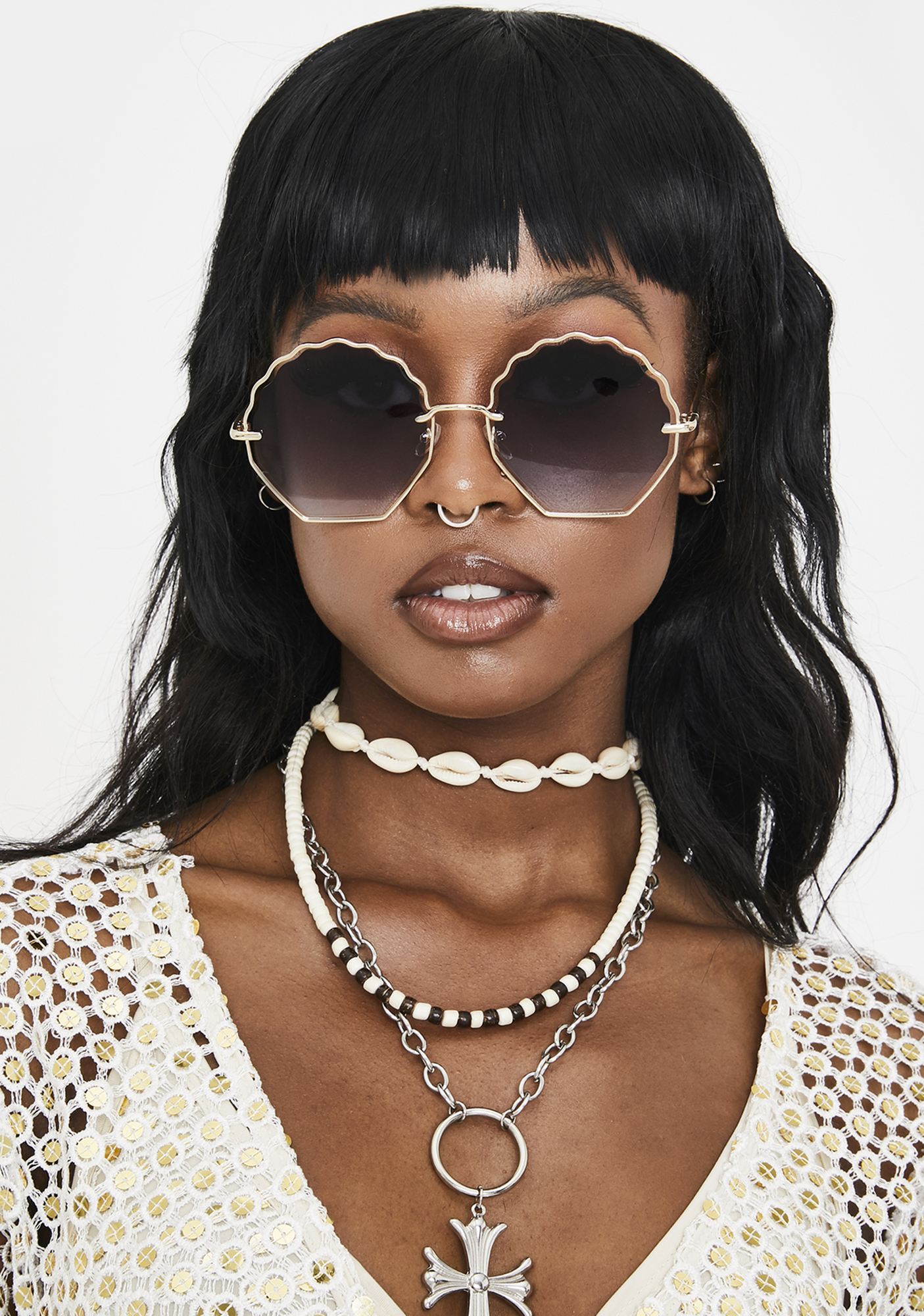 Oversized Seashell Tinted Sunglasses - Gold Black | Dolls Kill