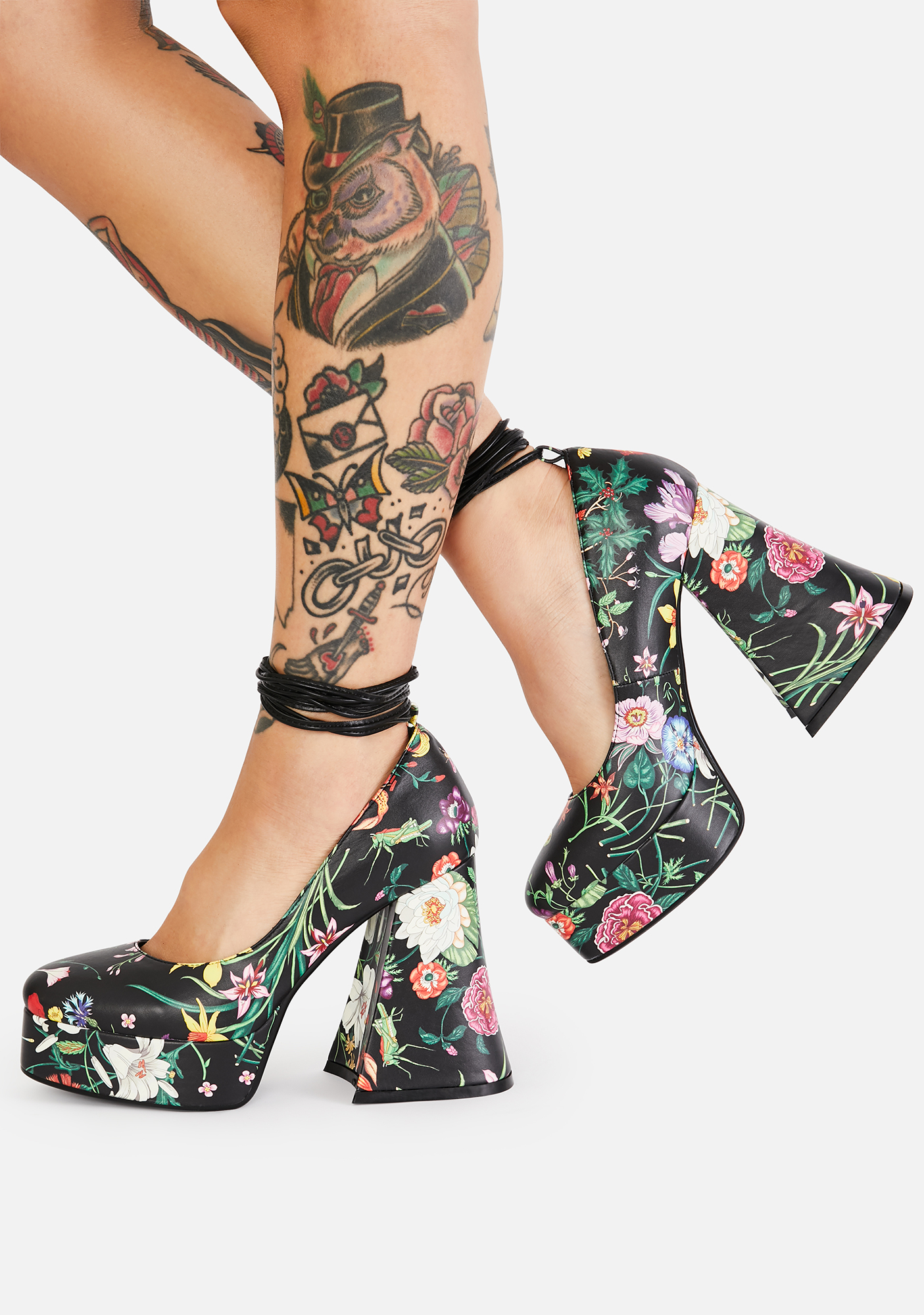 Lamoda Floral Platform Heels Black Faux Leather Dolls Kill 