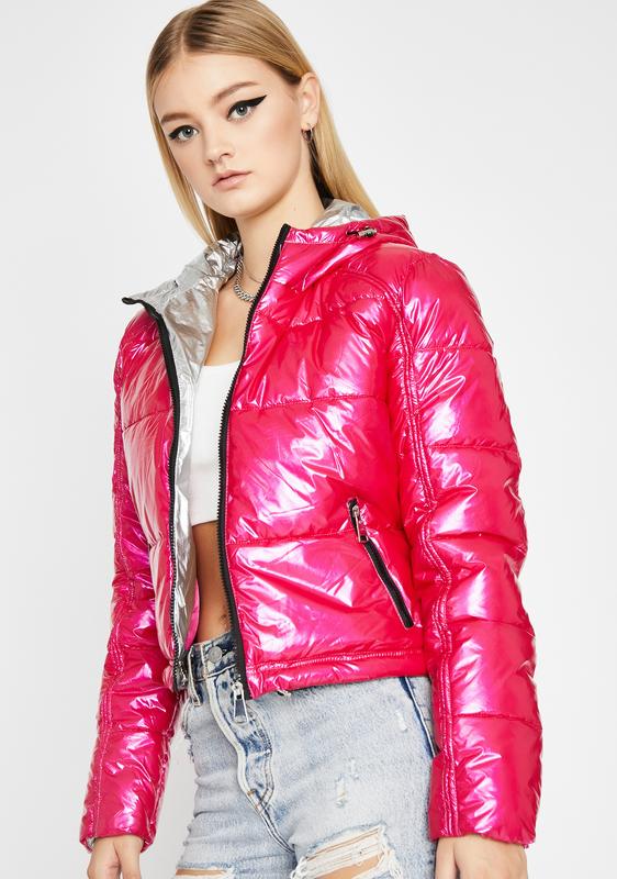 Hot Pink Shiny Crop Hooded Puffer Jacket | Dolls Kill