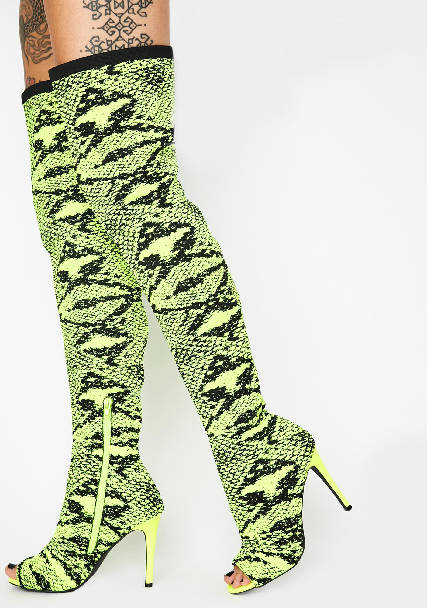 green snakeskin thigh high boots