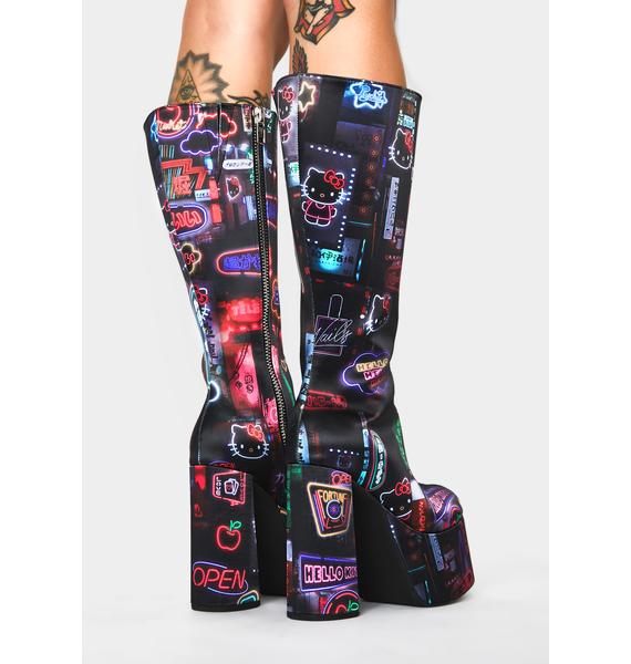 Dolls Kill Hello Kitty Neon Graphic Knee High Platform Block Boots