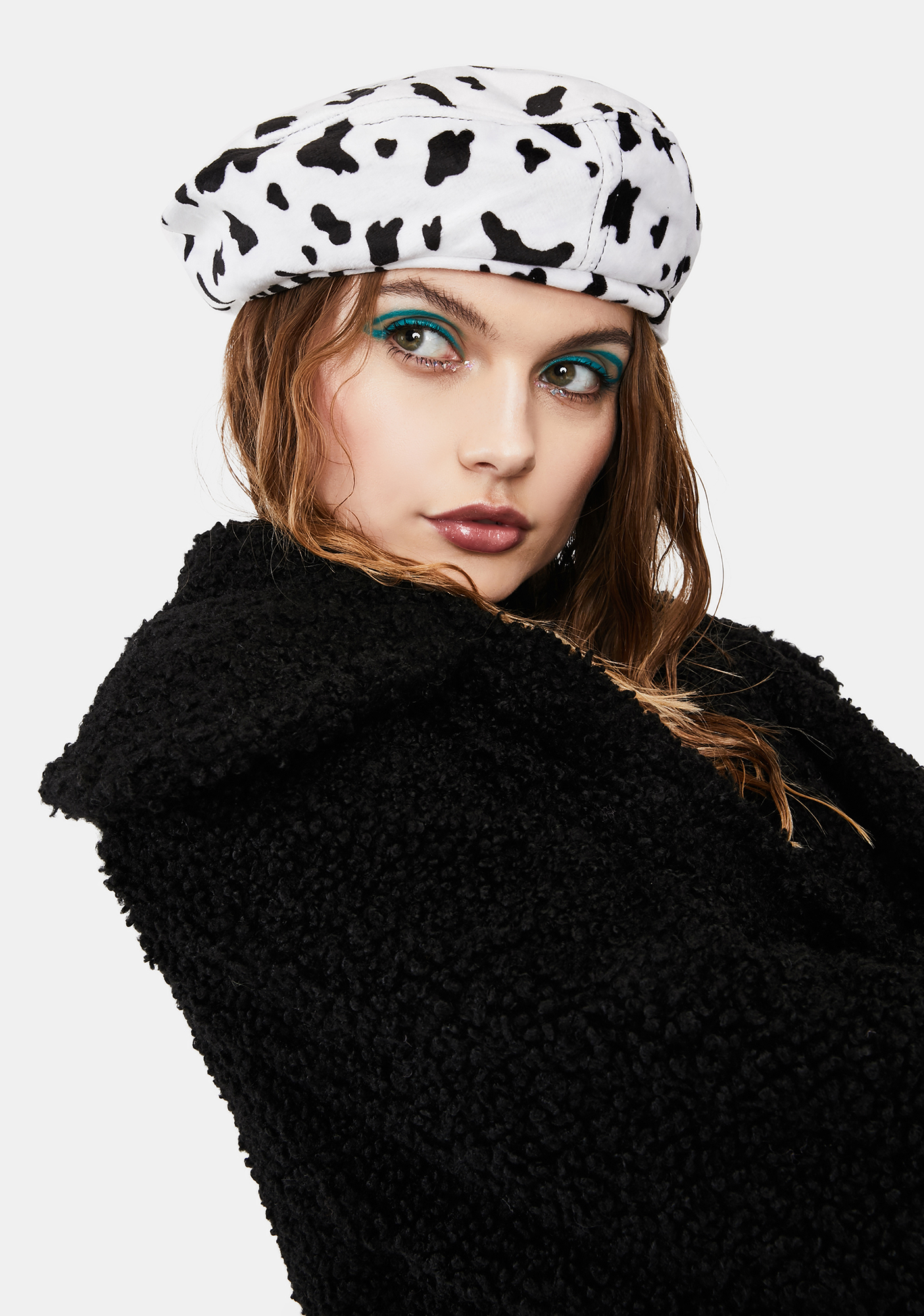 Beret With Cow Print - Black/White | Dolls Kill