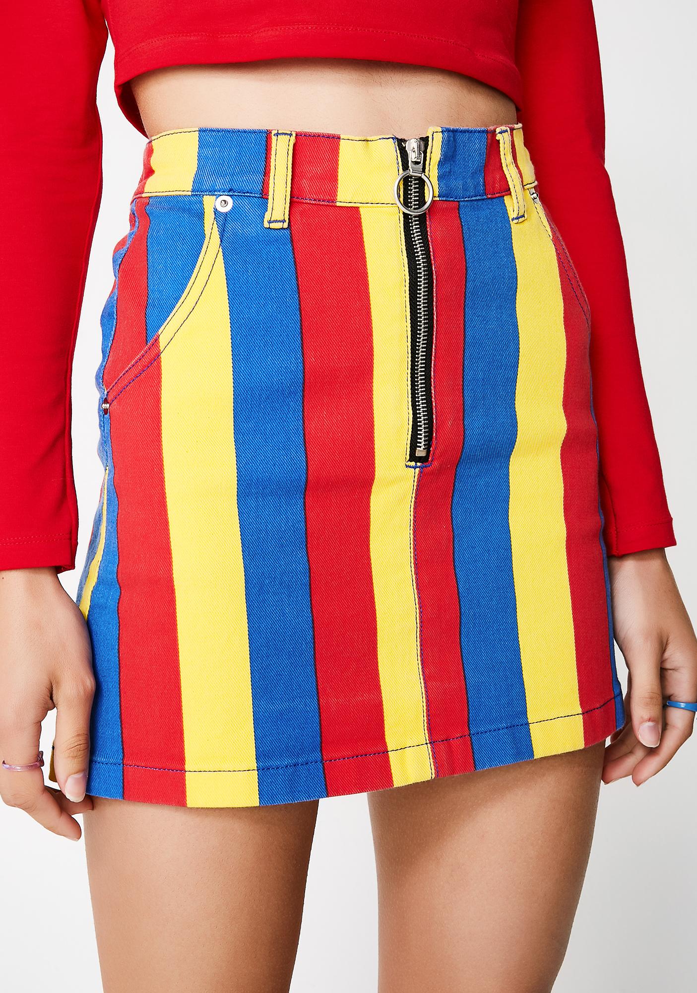 denim skirt with rainbow stripe