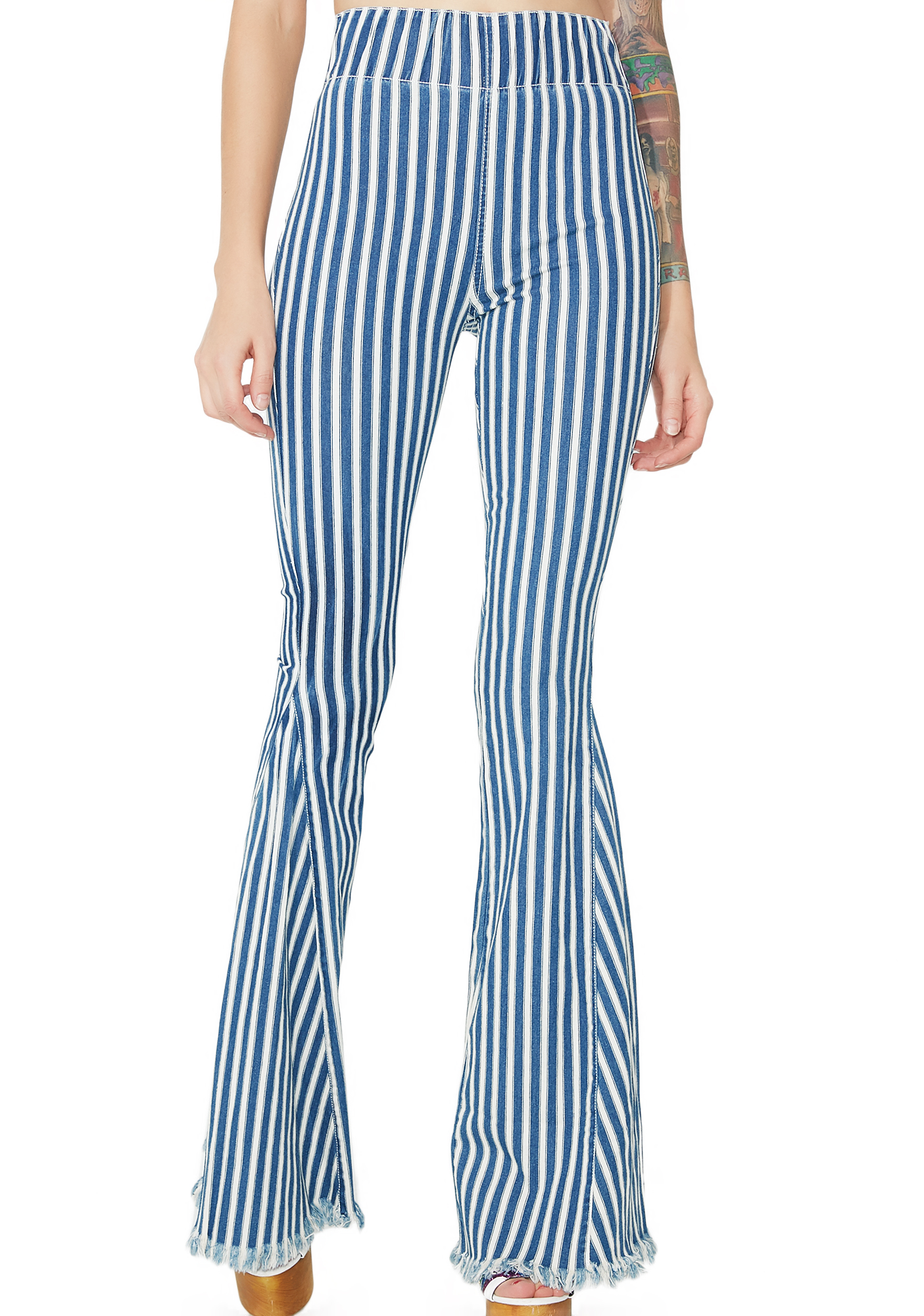 blue and white striped bell bottom pants