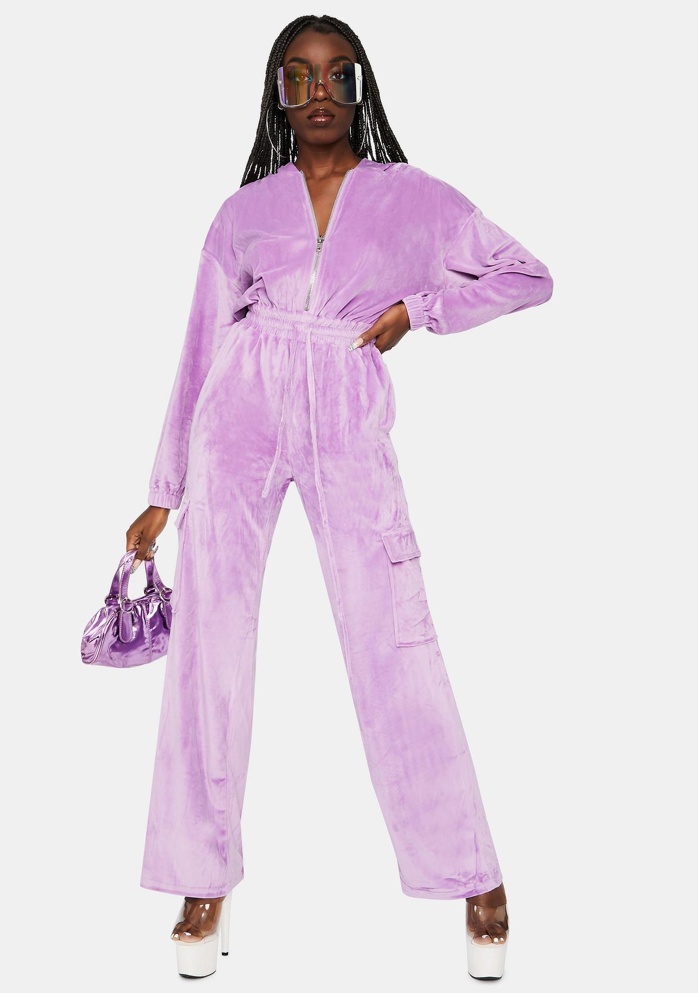 Straight Leg High Waist Cargo Pocket Velour Hooded Jumpsuit - Lilac ...