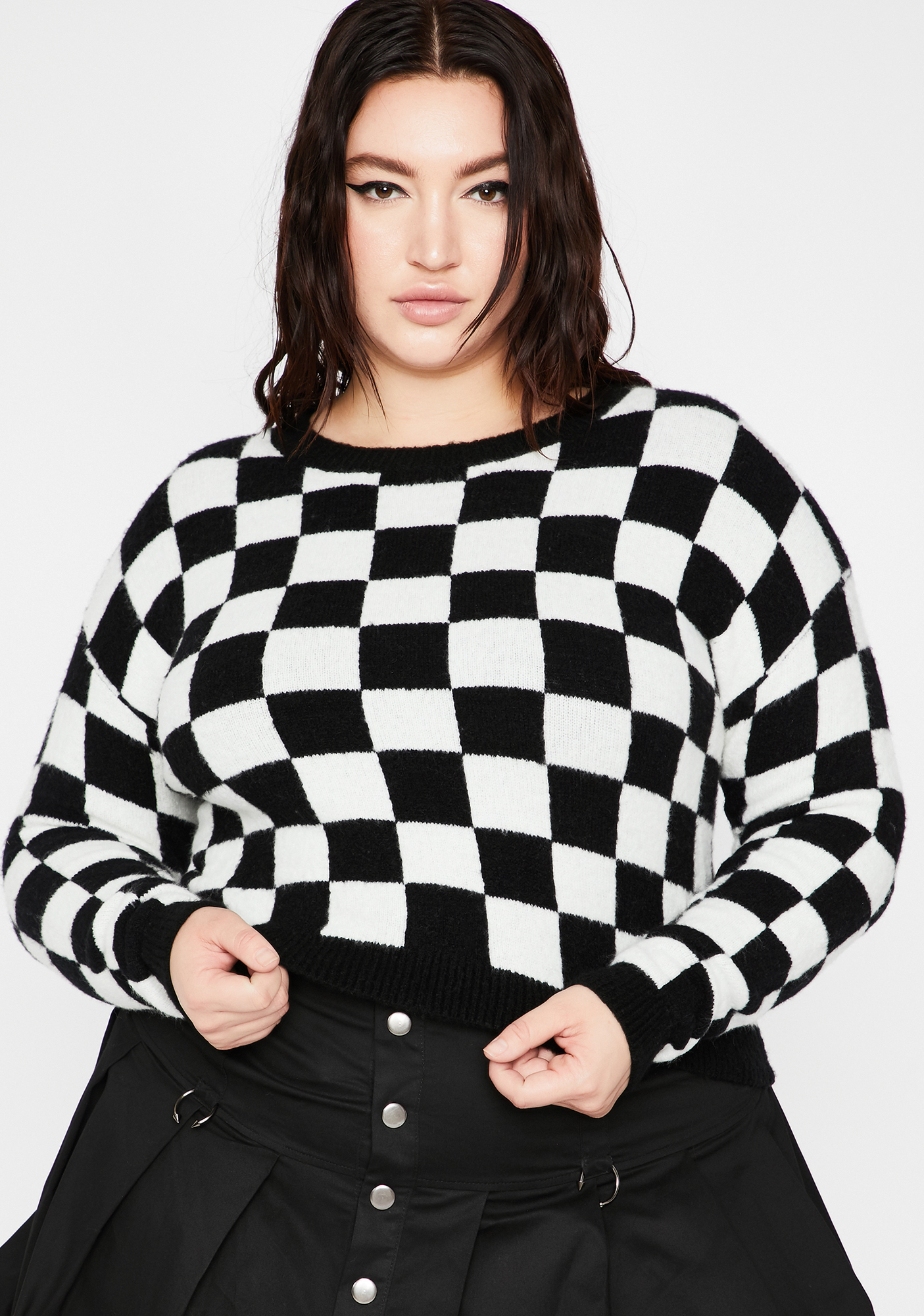 Plus Size Checkered Sweater Fuzzy Knit Soft Cropped Black White | Dolls ...