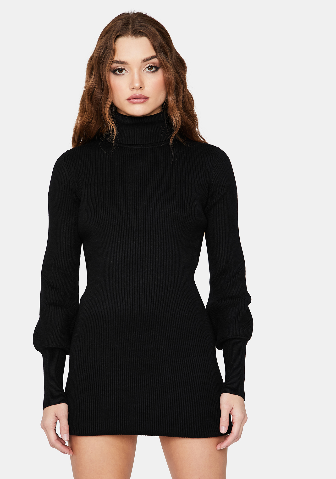 Turtleneck Puff Sleeve Sweater Mini Dress - Black | Dolls Kill