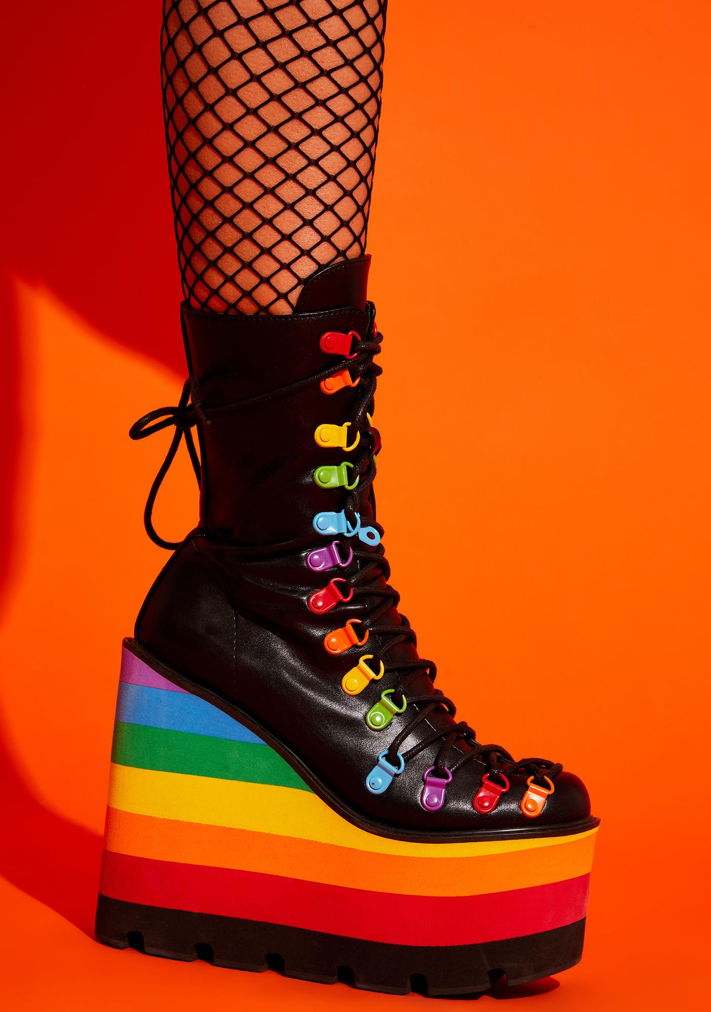 Club Exx Lace Up Rainbow Platform Ankle Boots Blac