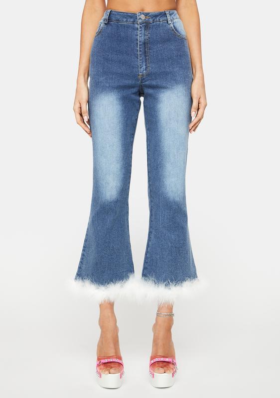 Denim High Waist Fur Trim Flare Pants 