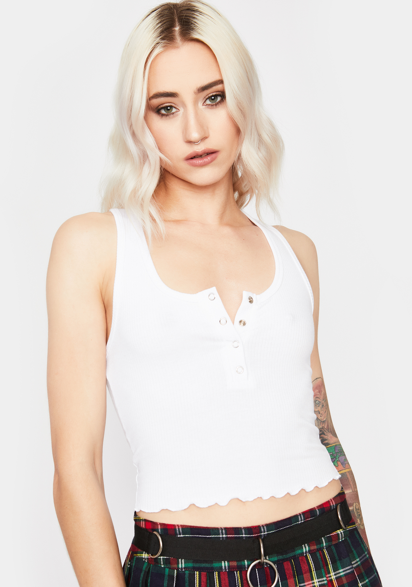 Ribbed Snap Button Crop Tank Top - White | Dolls Kill