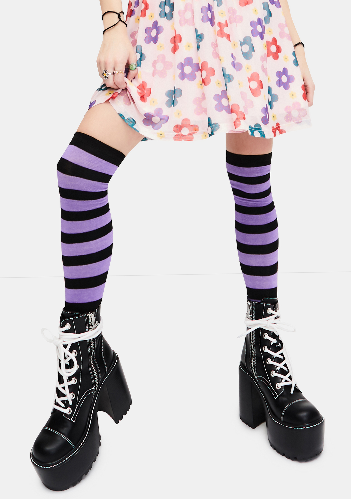 Black And Purple Stripe Thigh High Socks | Dolls Kill