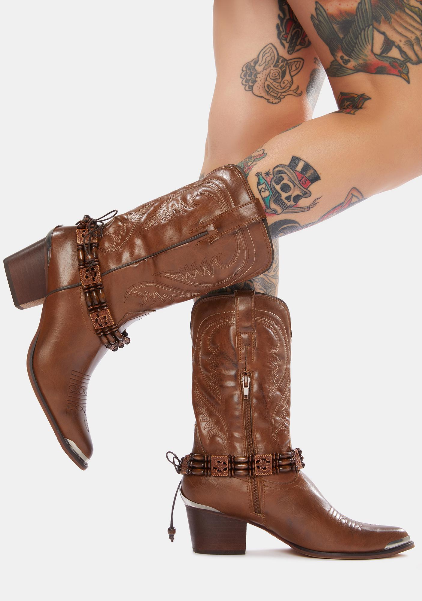 Western Calf High Stitched Cowboy Boots - Brown | Dolls Kill