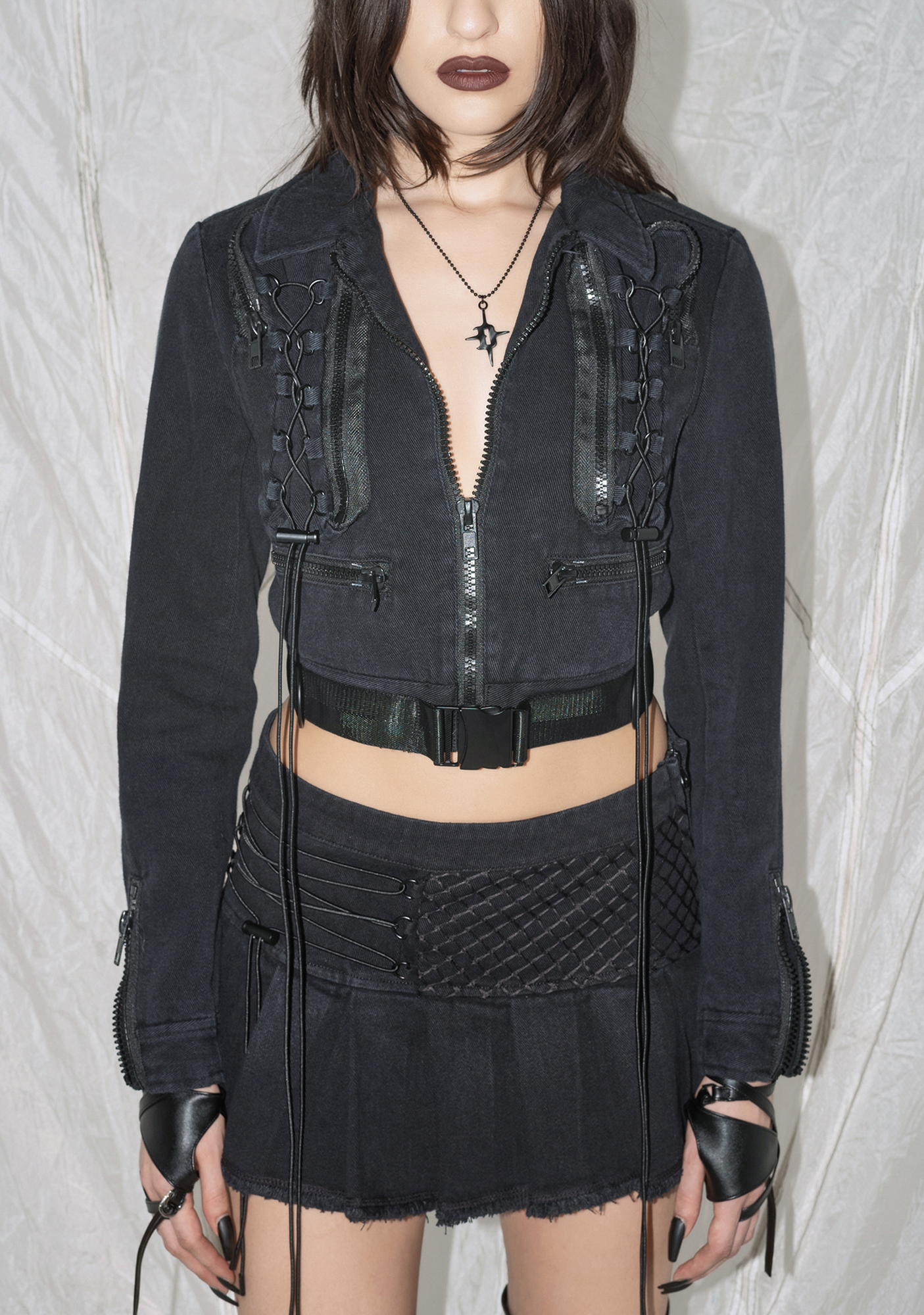 Darker Wavs Cotton Twill Zip Up Crop Jacket Washed Black Dolls Kill