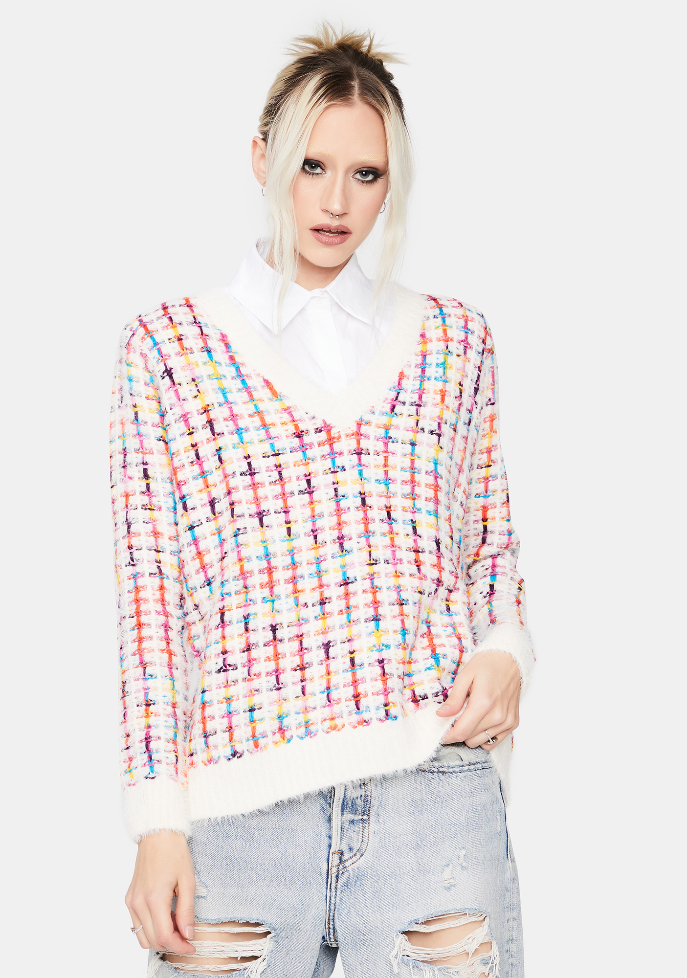 Tweed Knit V Neck Sweater - Rainbow/Ivory | Dolls Kill