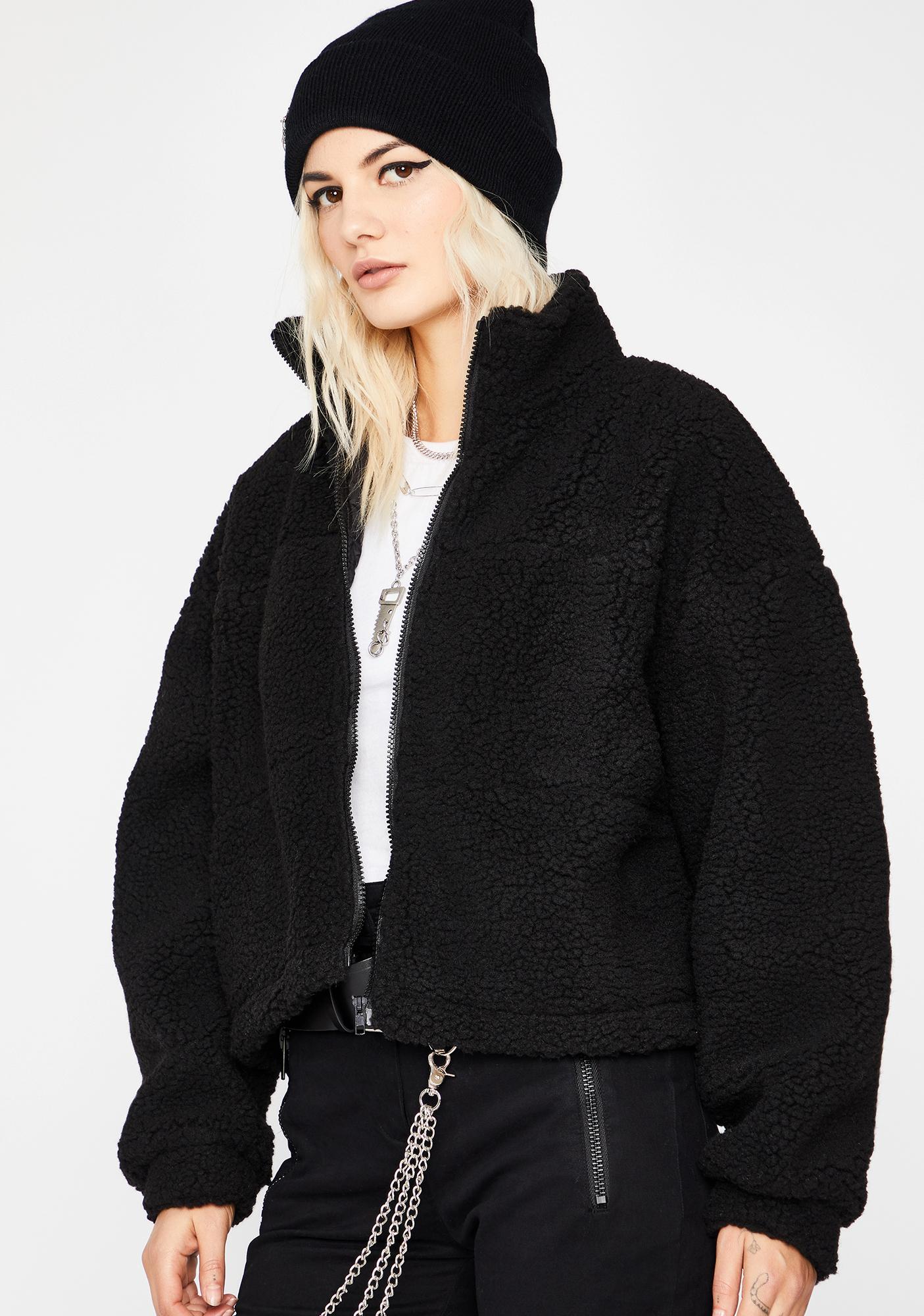 Sherpa Winter Zip Up Jacket Fuzzy High Collar Turtleneck Black Dolls Kill