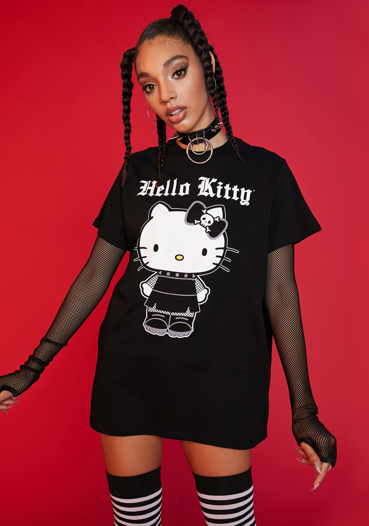 Dolls Kill Hello Kitty Graphic Goth Kitty Oversized Tee - Black 