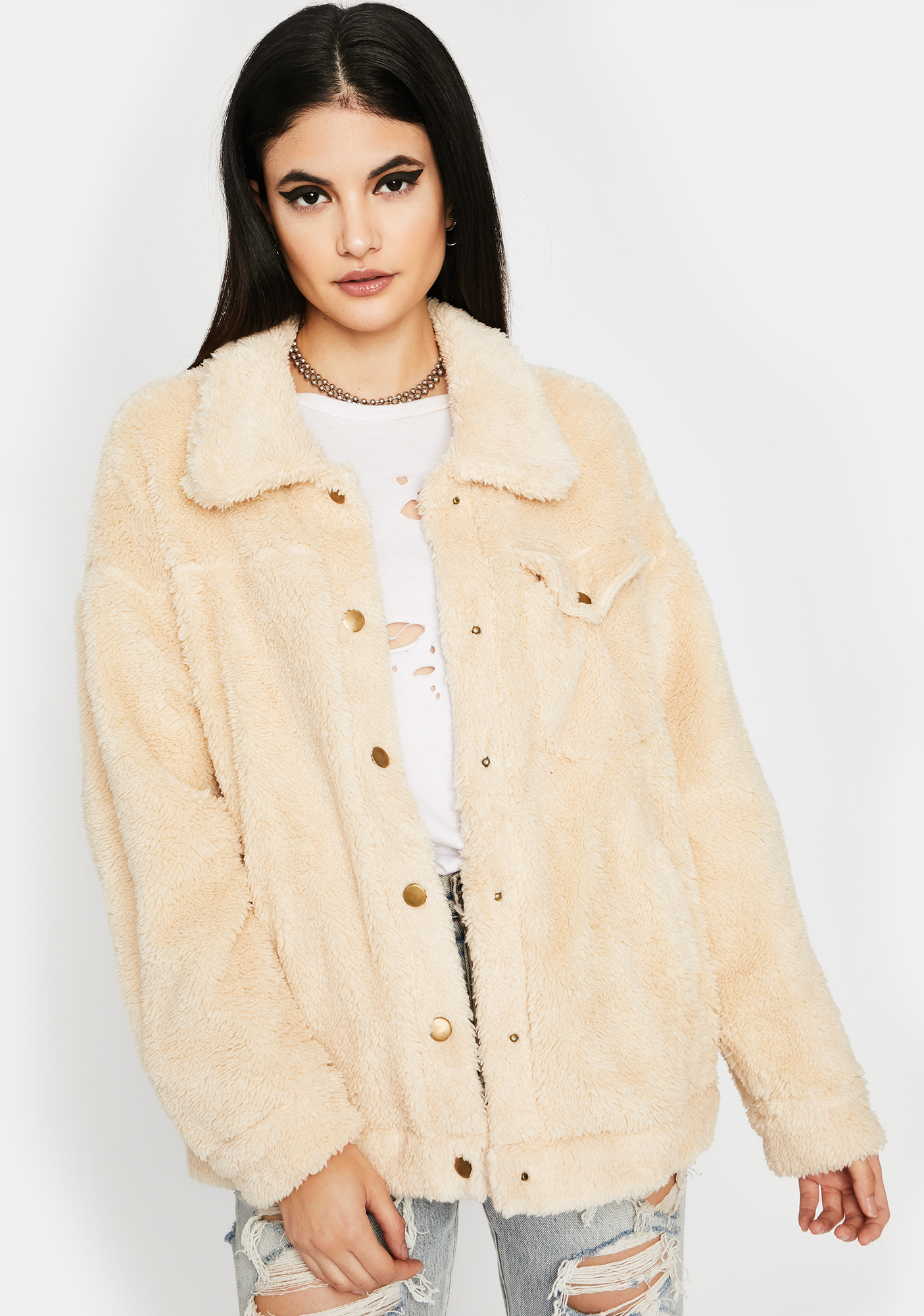 Oversized Sherpa Trucker Jacket Button Up Collared Cream Off White ...