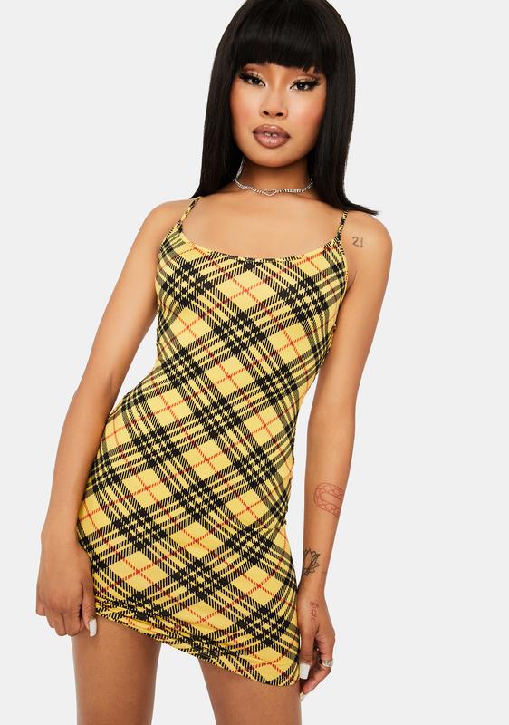 yellow plaid bodycon dress