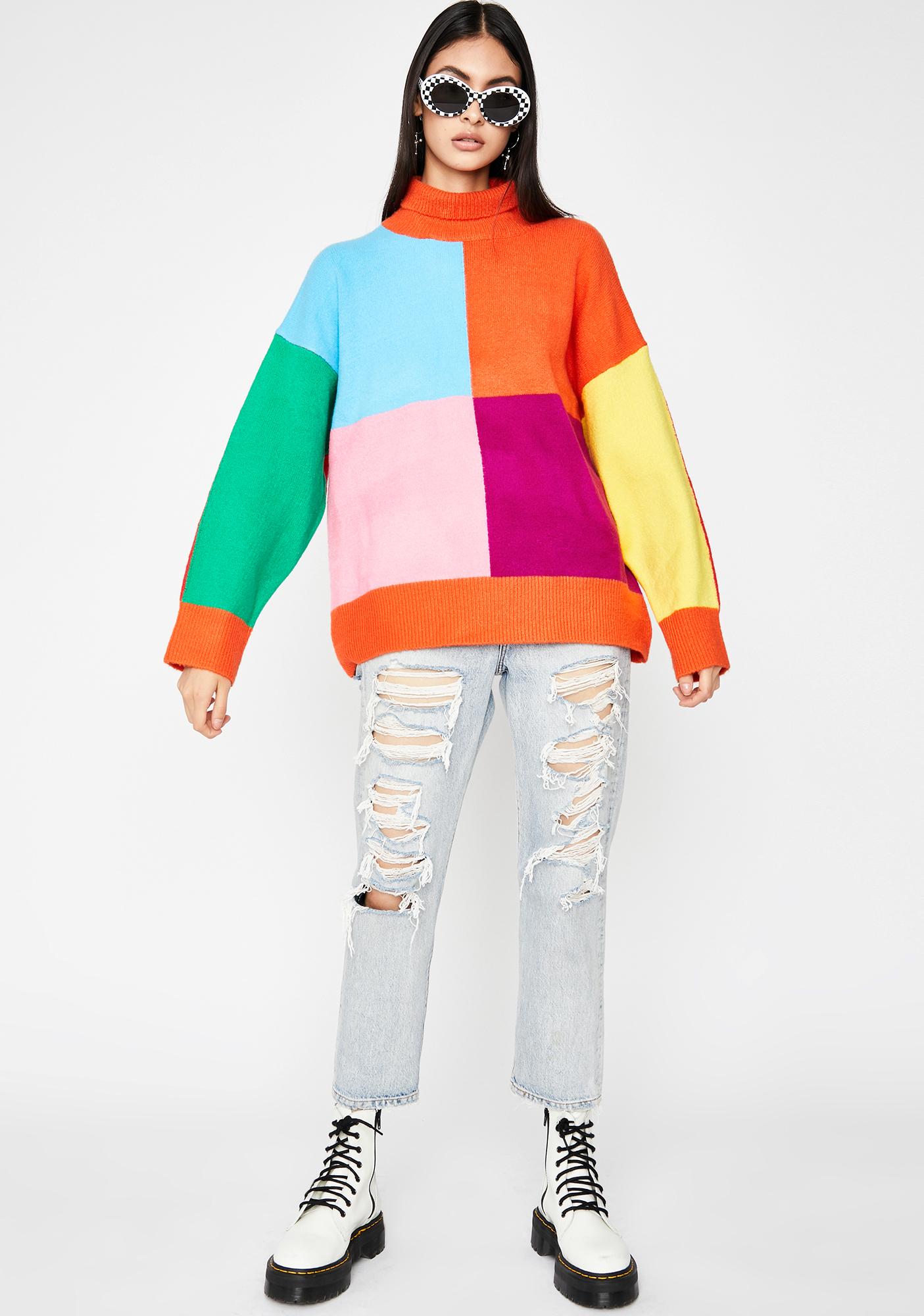 Knit Colorblock Turtleneck Sweater Oversize Rainbow | Dolls Kill