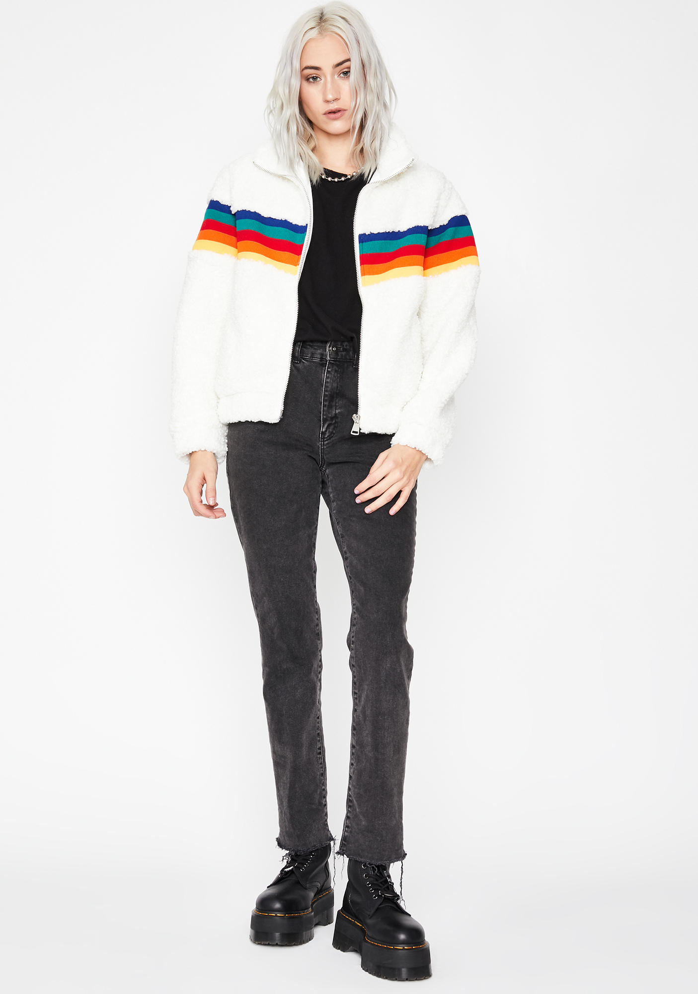 white jacket with rainbow stripes