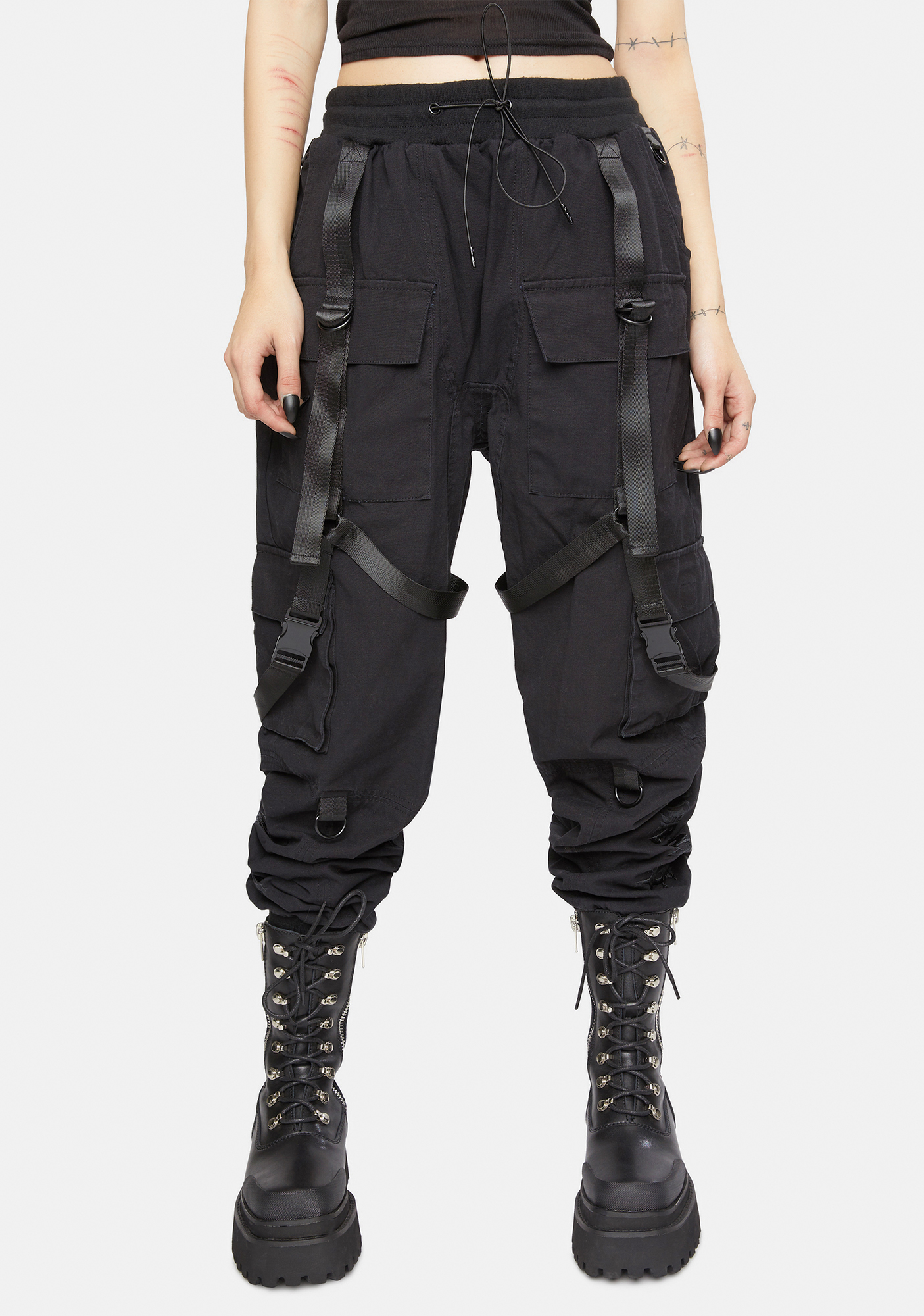 Darker Wavs Unisex Washed Strappy Tactical Cargo Pants - Black | Dolls Kill