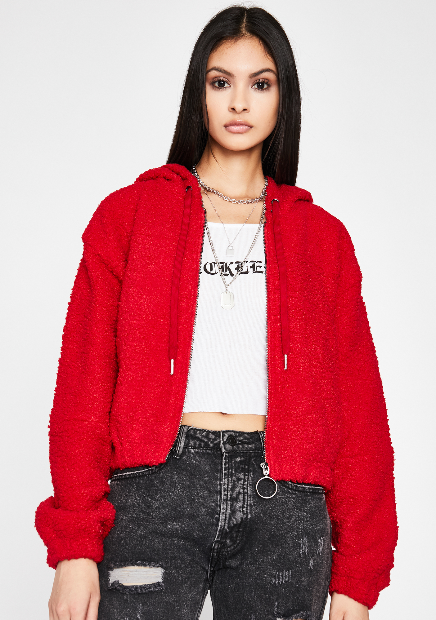 Sherpa Jacket Hood Zip Up Red | Dolls Kill