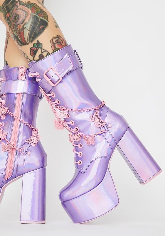 Club Exx Holographic Butterfly Chain Platform Boots Purple | Dolls 