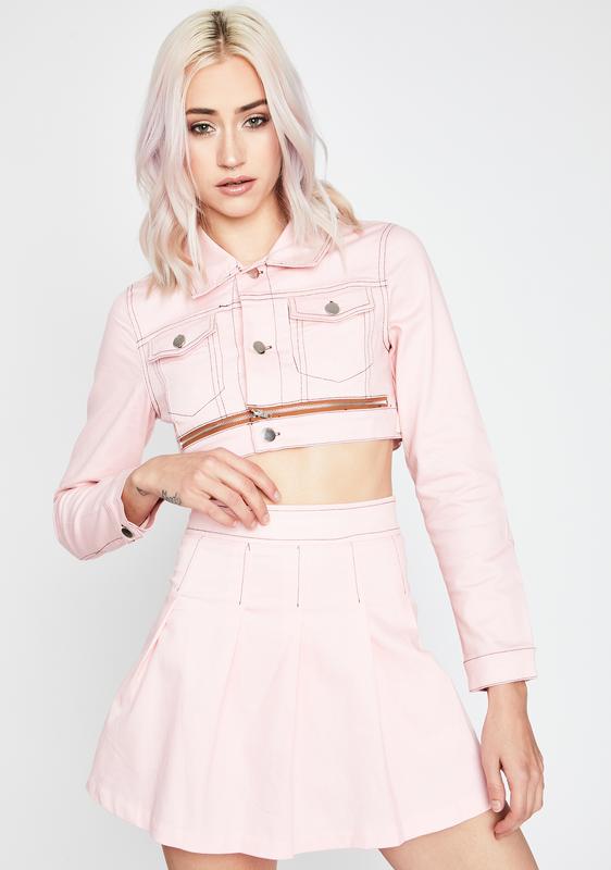 pink jean jacket and skirt set