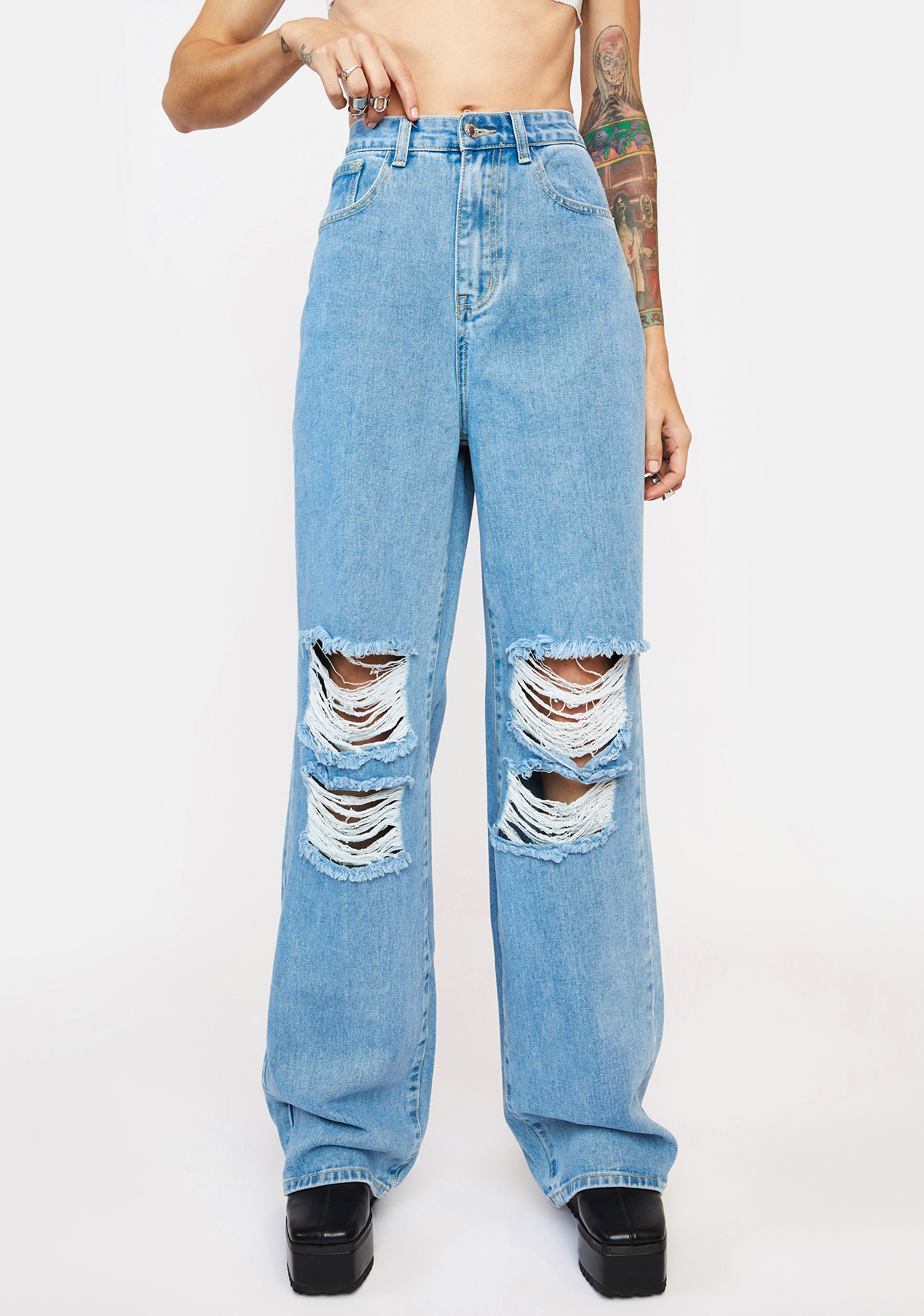 Momokrom High Rise Knee Distressed Boyfriend Jeans | Dolls Kill