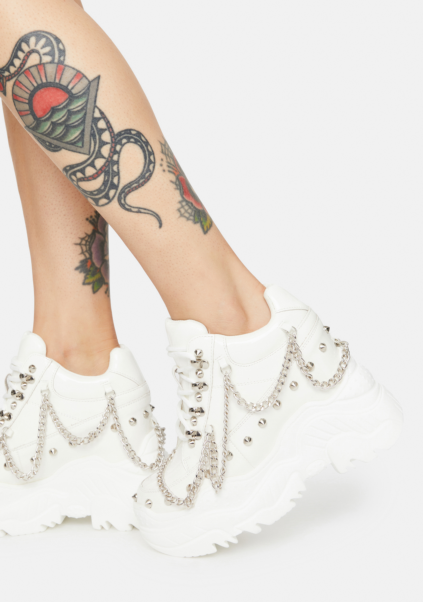 Chain Studded Patent Chunky Platform Sneakers - White | Dolls Kill