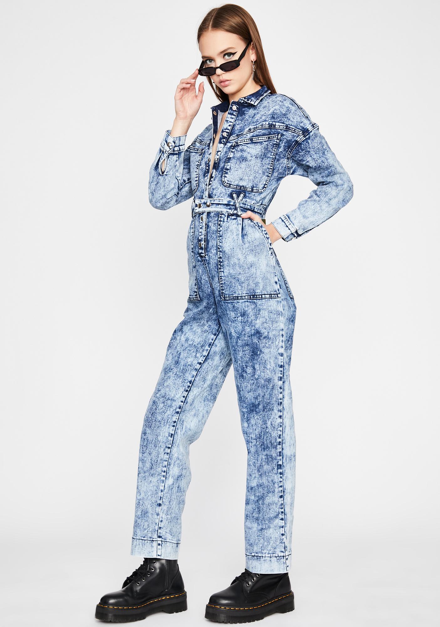 Acid Wash Denim Cargo Long Sleeve Jumpsuit Blue Dolls Kill